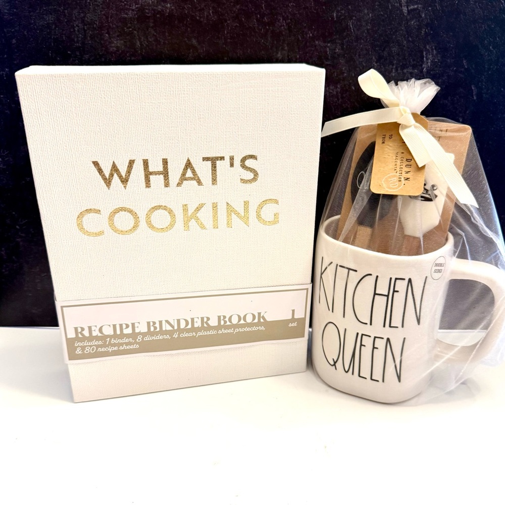 Rae Dunn Kitchen Queen mug with white Recipe Binder - What's Cooking.